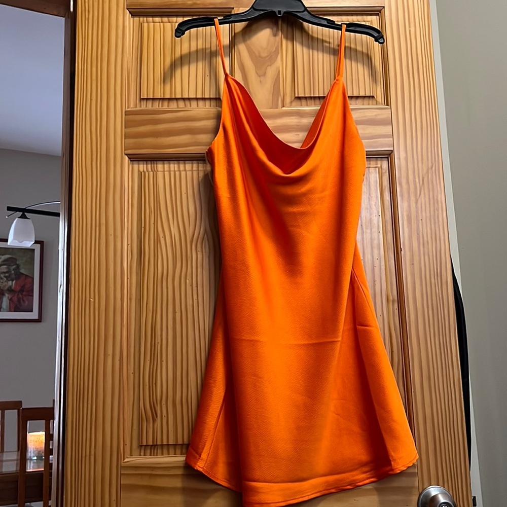 Orange satin scoop neck tank top dress with adjustable straps brand new size L